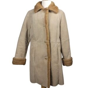 Genuine Leather Coat Womens L Tan Boho Faux Fur Lined Western Ranch Jacket